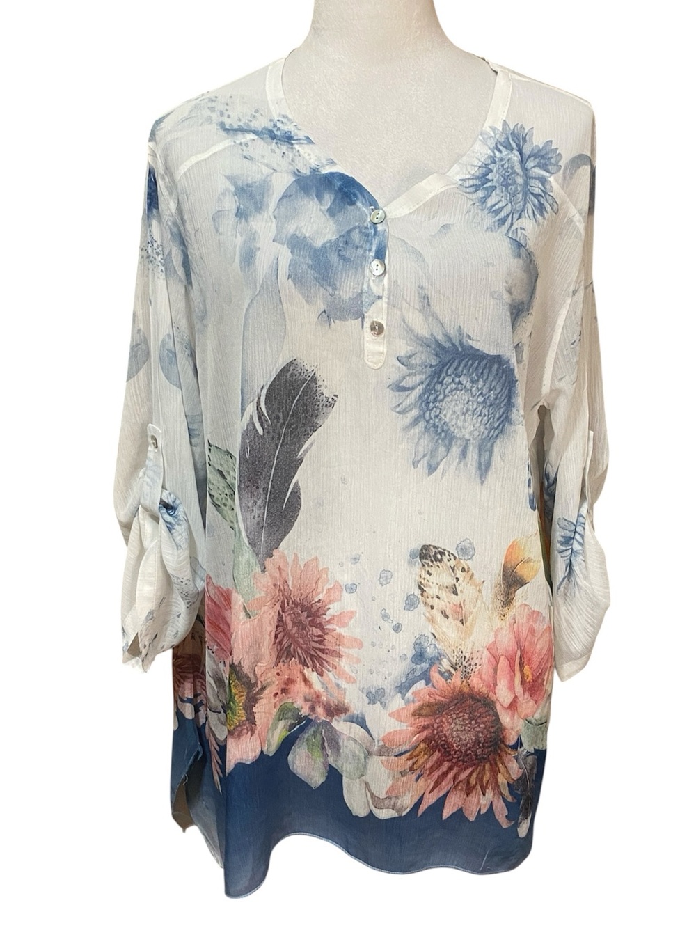 Adore Semi Sheer Floral  V-Neck Henley Tunic